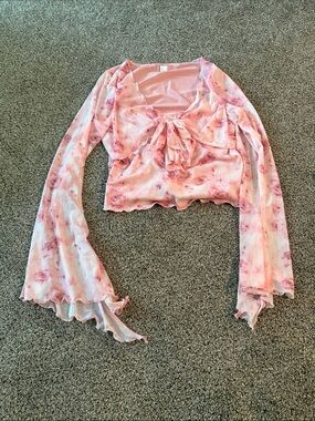 Pink Floral Tie-Front Long Sleeve Top Shein Size L